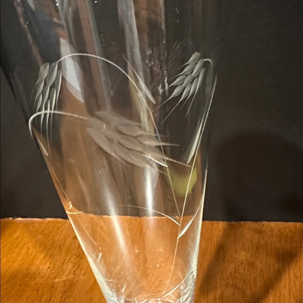 Sasaki Clear Glass Pilsner or Champagne Flute, in the Etched Wheat Pattern.